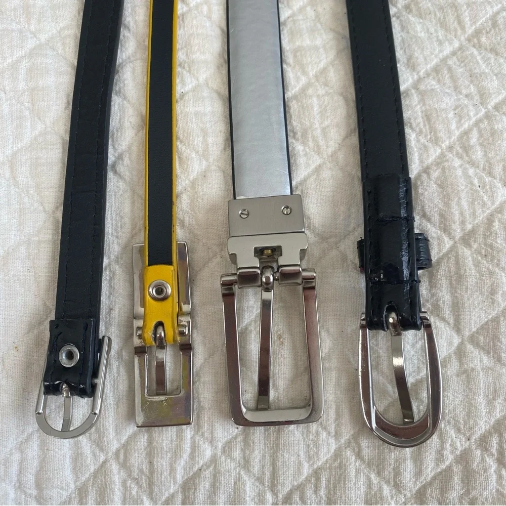 Bundle of 4 Classic Skinny Belts black, striped, yellow silver-tone buckle 30”